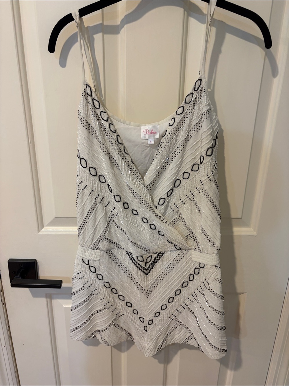 Parker White Beaded Spaghetti-Strap Mini Dress